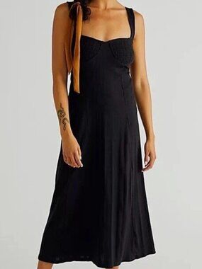 FREE PEOPLE Beach Black Ribbed Knit Stretch Aviva midi DRESS Medium